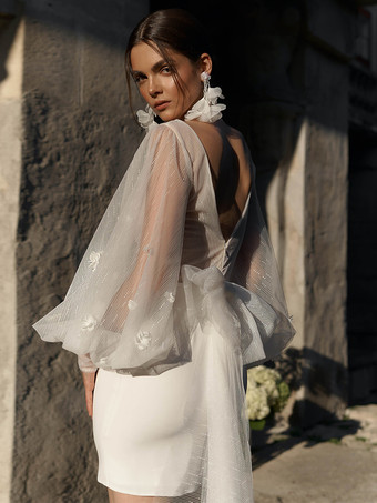 ショートウェディングドレス ショート Vネック 長袖 シース ナチュラルウエスト ストレッチ クレープ ショートブライダルドレス