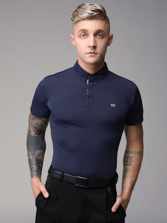 ダークネイビーラテン ダンス ドレス ブラック メンズ ポリエステル トップ セクシー ラテン ダンサー ダンス コスチューム