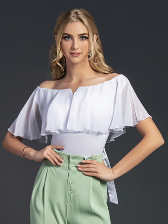 ラテン ダンス ドレス ホワイト ガールのカスケード フリル ジャンプスーツ セクシー ポリエステル ダンス衣装