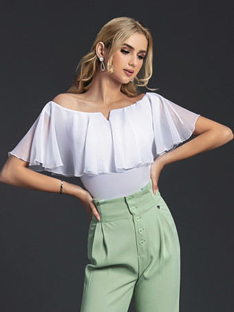 ラテン ダンス ドレス ホワイト ガールのカスケード フリル ジャンプスーツ セクシー ポリエステル ダンス衣装