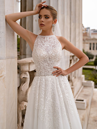 ウェディングドレス スイープ Aライン ノースリーブ チュール ジュエルネック ブライダルドレス