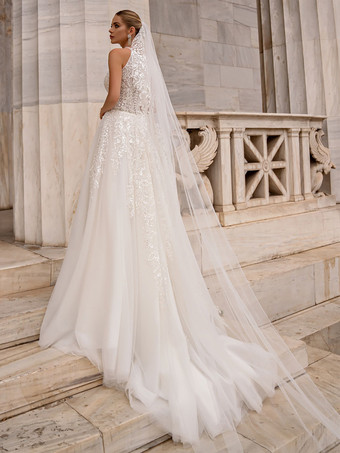 ウェディングドレス スイープ Aライン ノースリーブ チュール ジュエルネック ブライダルドレス