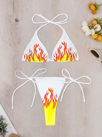 ファイヤープリントホルタービキニトップとサイドタイボトム2点セット