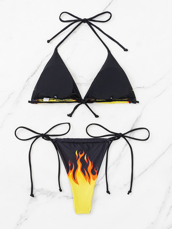 ファイヤープリントホルタービキニトップとサイドタイボトム2点セット