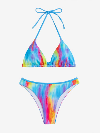 カラフルなホルター三角ビキニトップとハイカットボトムの2点セット