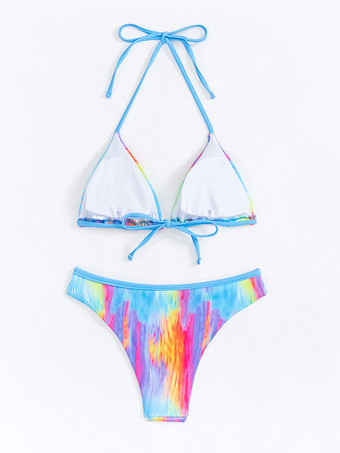 カラフルなホルター三角ビキニトップとハイカットボトムの2点セット