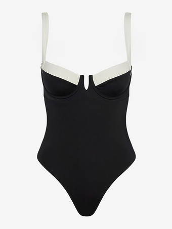 コントラストトップステッチコルセットハイカットノースリーブワンピース水着