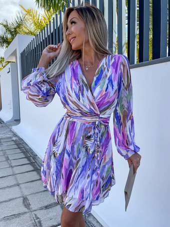 パープル プリント ショートドレス サープリス ネックライン ベルト付き ランタンスリーブ ミニドレス