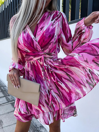 プリント ショートドレス サープリス ネックライン ベルト付き ランタンスリーブ ミニドレス