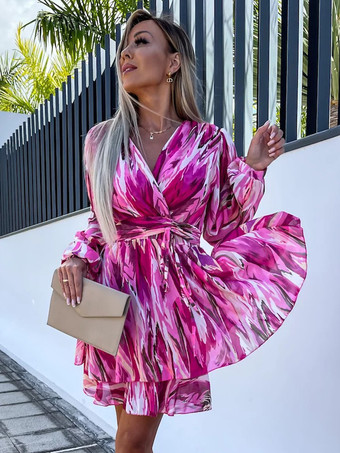 ピンクプリント ショートドレス サープリス ネックライン ベルト付き ランタンスリーブ ミニドレス