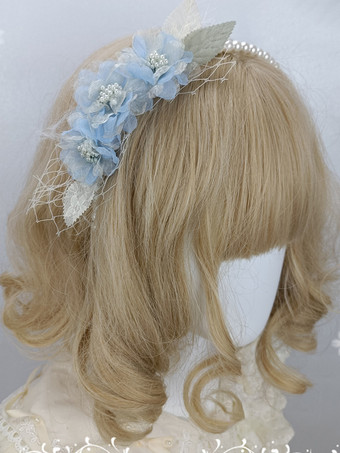ライトスカイブルーROCOCOスタイル ロリータアクセサリー エクリュ ホワイト パール フラワー かぶりもの その他