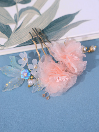 ピンクチャイナ風ロリータアクセサリー ピンクの花 パール 帽子 メタル雑貨