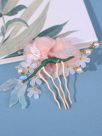 チャイナ風ロリータアクセサリー ピンクの花 パール 帽子 メタル雑貨