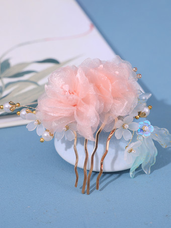 チャイナ風ロリータアクセサリー ピンクの花 パール 帽子 メタル雑貨