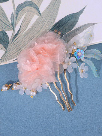 チャイナ風ロリータアクセサリー ピンクの花 パール 帽子 メタル雑貨