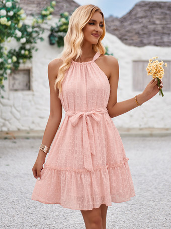 Halter Short Dress Belted Knotted Tiered Summer Daily Casual Dresses