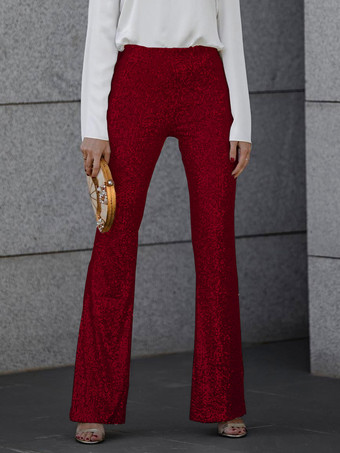 ワインレッド パンツ シャンパン スパンコール レイズド ウエスト パンツ