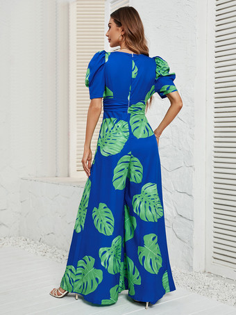 プリントジャンプスーツ トロピカル植物 Vネック 半袖 サマーロンパー