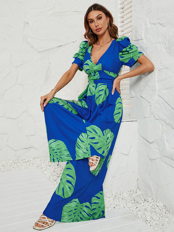 プリントジャンプスーツ トロピカル植物 Vネック 半袖 サマーロンパー