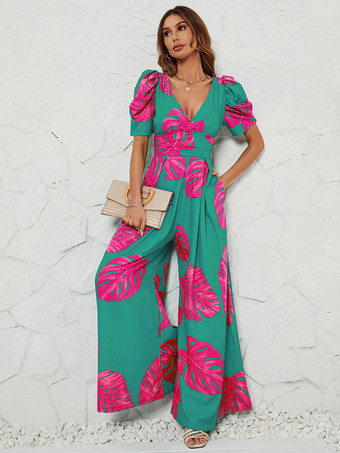 ピンクプリントジャンプスーツ トロピカル植物 Vネック 半袖 サマーロンパー