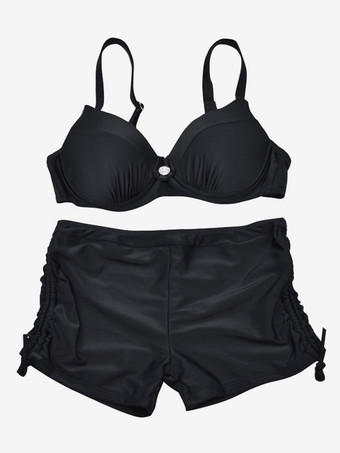 コントラストトップステッチギャザーフロントビキニトップとショートパンツ2点セット