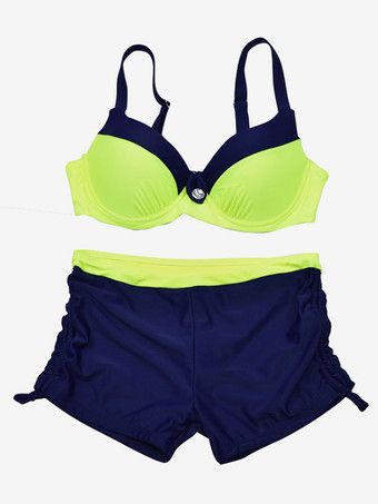 コントラストトップステッチギャザーフロントビキニトップとショートパンツ2点セット