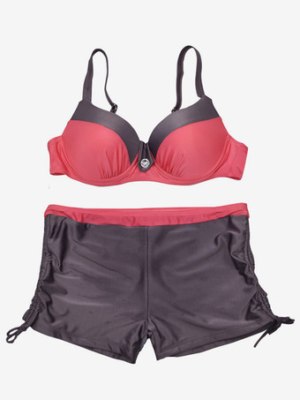 コントラストトップステッチギャザーフロントビキニトップとショートパンツ2点セット