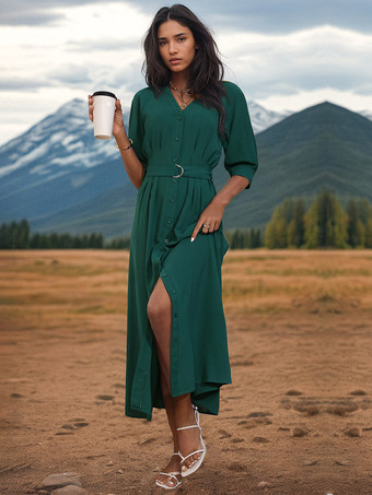 V ネック ドレス ボタン ベルト付き 半袖 デイ カジュアル マキシ ドレス