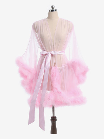 女性のためのシュミーズ ピンク ポリエステル フェザー ストライプ シアー ランジェリー