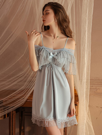 ライトスカイブルーベビードール ナイトガウン ランジェリー レディース ライトフリル バックレス サテン生地 セクシー