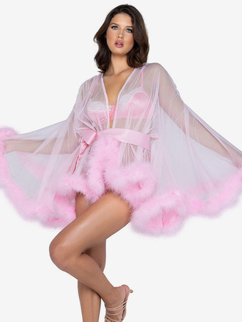 ピンク女性のためのシュミーズ ピンク ポリエステル フェザー ストライプ シアー ランジェリー