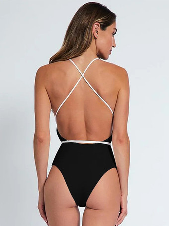 ツートンカラーの水着 ホルターネック プランジ レースアップ 3Dフラワー ワンピース水着