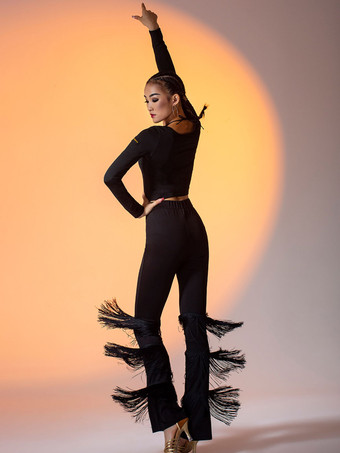 ラテンダンス衣装 ブラック レディース ポリエステル パンツ レイヤード エレガント フリンジ ラテン ダンサー ダンス衣装