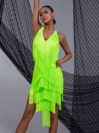 グラスグリーンラテンダンスコスチューム レディース フリンジセット エレガントドレス ダンスコスチューム