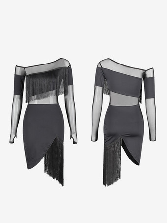 ラテンダンス衣装 ブラック レディース フリンジ レイヤード セット セクシー ポリエステル ドレス ダンスウェア