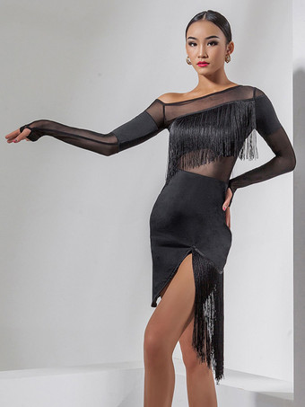 ブラック ラテンダンス衣装 ブラック レディース フリンジ レイヤード セット セクシー ポリエステル ドレス ダンスウェア