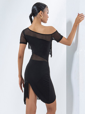 ラテンダンスドレス ブラック レディース フリンジ レイヤード セット エレガント ポリエステル ドレス ダンスウェア