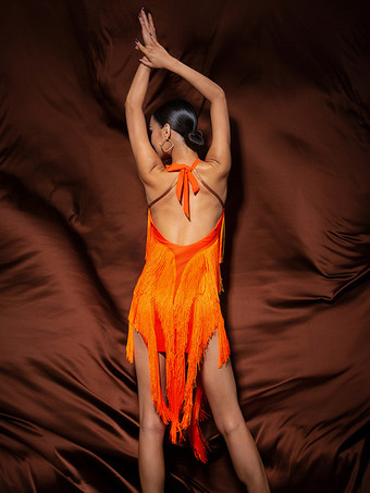 Latin Dance Costume Orange Women's Fringe Asymmetrical Set Elegant Polyester Dress Dancing Wear
