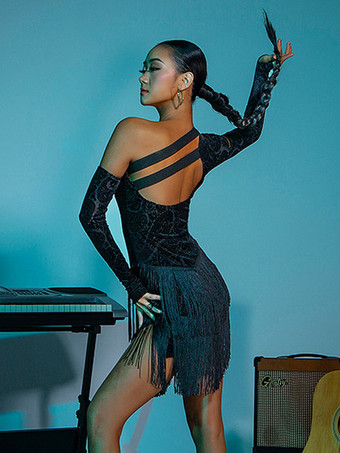 ラテンダンス衣装 ブラック 女性用 ポリエステル ドレス オープンショルダー エレガント フリンジ ラテン ダンサー ダンス衣装