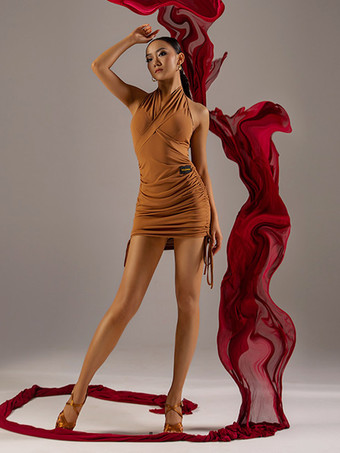 ラテンダンス衣装黒の女性のポリエステルドレス背中の開いたエレガントなプリーツラテンダンサーダンスウェア