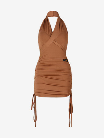 ラテンダンス衣装黒の女性のポリエステルドレス背中の開いたエレガントなプリーツラテンダンサーダンスウェア