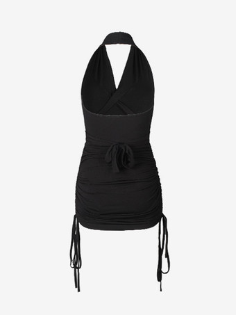 ラテンダンス衣装黒の女性のポリエステルドレス背中の開いたエレガントなプリーツラテンダンサーダンスウェア