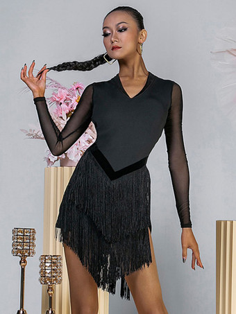 ラテンダンスドレス ブラック 女性用 ポリエステルドレス バックレス セクシー フリンジ ラテンダンサー ダンス衣装