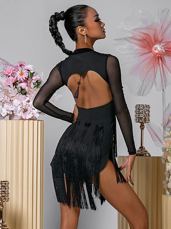 ラテンダンスドレス ブラック 女性用 ポリエステルドレス バックレス セクシー フリンジ ラテンダンサー ダンス衣装