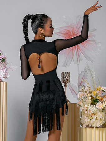ラテンダンスドレス ブラック 女性用 ポリエステルドレス バックレス セクシー フリンジ ラテンダンサー ダンス衣装