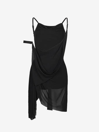 ラテンダンス衣装 ブラック レディース プリーツ オープンショルダー セット エレガント ポリエステル ドレス ダンス衣装