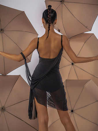 ラテンダンス衣装 ブラック レディース プリーツ オープンショルダー セット エレガント ポリエステル ドレス ダンス衣装