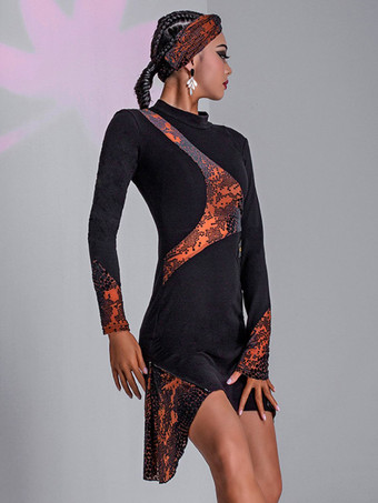 ラテンダンスドレス黒の女性の花柄非対称セットセクシーなポリエステルドレスダンス衣装