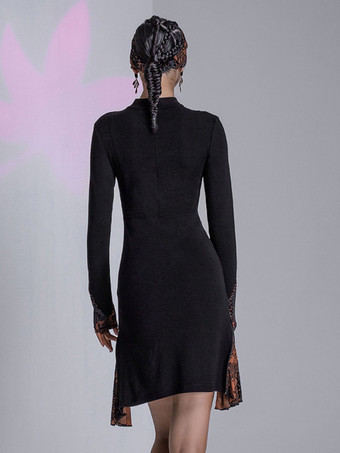 ラテンダンスドレス黒の女性の花柄非対称セットセクシーなポリエステルドレスダンス衣装