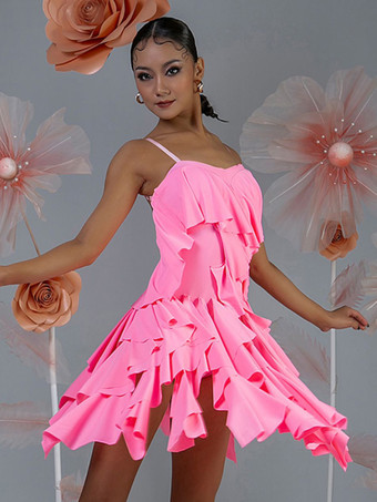 ラテンダンス衣装 ピンク レディース フリル レイヤードセット エレガント ポリエステル ドレス ダンス衣装
